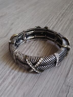 Rhodium-Tone Crystal Accent Ribbed Stretch Bracelet - Silver